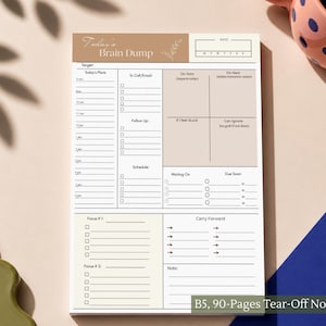 May include: A B5 tear-off notepad with 90 pages, featuring a tan header labelled Today's Brain Dump. The layout includes sections for Today's Plans, To Call/Email, Follow Up, Schedule, a four-quadrant priority grid, Focus areas, and a Carry Forward section.