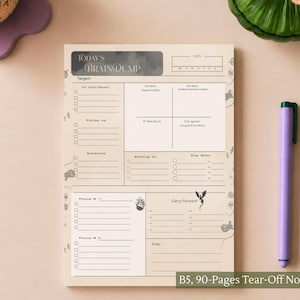 May include: A B5 tear-off notepad with 90 pages, featuring a beige background and black text. The header reads Today's Brain Dump. The layout includes sections for targets, to-do lists, a priority matrix, focus areas, and notes, decorated with small black illustrations.