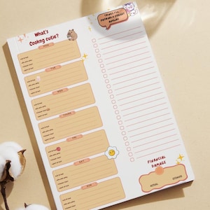 Kawaii Weekly Meal Planner Notepad A5 | Funny Grocery List Pad with Budget Tracker | 50 Tear-Off Pages | Cute Food Planning Stationery Gift