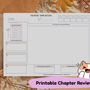 May include: A printable chapter review sheet with a light gray background and a floral design. The sheet includes sections for course details, a revision checklist, and a quick knowledge check. The text "Printable Chapter Review" is displayed on a pink oval.