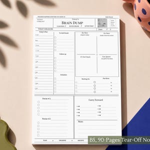 Può includere: Un blocco note a strappo bianco in formato B5 da 90 pagine, con un layout di pianificazione giornaliera intitolato Brain Dump. La pagina include sezioni per Today's Plan, To Call/Email, Do Now, Do Next, If I Feel Stuck, Can Ignore, Waiting On, Due Soon, Focus e Carry Forward.