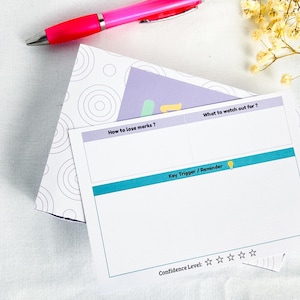 Peut inclure: Une carte blanche avec des accents turquoise et violets, avec le texte "How to lose marks?" et "What to watch out for?". Un stylo rose et une boîte décorative avec un motif tourbillon sont également présents. La carte comprend le texte "Key Trigger / Reminder" et "Confidence Level".