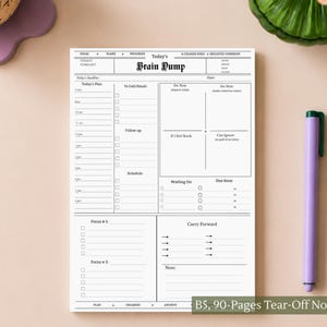 May include: A white B5 tear-off notepad with 90 pages, featuring a black printed daily planner layout titled Brain Dump. The grid includes sections for Today's Plan, To Call/Email, Do Now, Do Next, If I Feel Stuck, Can Ignore, Waiting On, Due Soon, Focus 1 and 2, and Carry Forward.