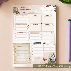 Pode incluir: Um bloco de notas destacável de 90 páginas no formato B5 intitulado Today's Brain Dump. A página inclui seções para personagens a contatar, subtramas, uma matriz de prioridades, áreas de foco e notas, decorado com ilustrações de livros e castelo.