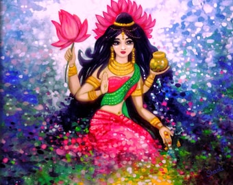 Lámina artística de Lakshmi en acuarela: Diosa hindú de la prosperidad, pintura de Lakshmi, póster Vastu.