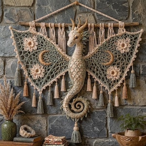 May include: A wall hanging featuring a crocheted dragon with a long, curled tail, wings decorated with floral motifs and crescent moons, and hanging tassels. The piece is suspended from a wooden rod with a cord, crafted in shades of beige and sage green.
