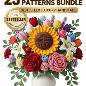 23 Crochet Flower Patterns Bundle PDF | Amigurumi Flowers & Leaves | Rose Tulip Lily Sunflower Crochet Pattern Pack | Instant Download
