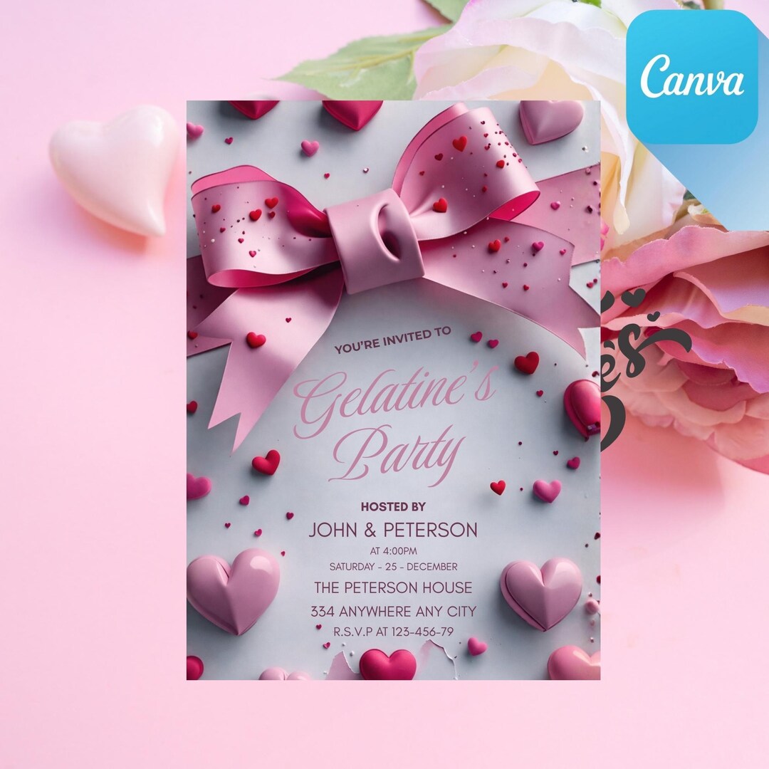 Pink Invitations Heart Galentine's Party Invitation, Pink Heart & Bow Birthday Invitation ...