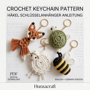 Lot de modèles de porte-clés animaux au crochet (PDF), modèles de porte-clés amigurumi, renard, tortue, agneau, abeille, modèles de crochet pour débutants, téléchargement instantané.