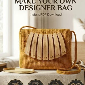 Könnte beinhalten: Eine senfgelbe Häkel-Umhängetasche mit einer dekorativen Frontklappe, die mit sieben gebogenen Bambuslatten verziert ist. Das Bild enthält den Text: MAKE YOUR OWN DESIGNER BAG, Instant PDF Download, Advanced Pattern, Step-by-Step, Printable PDF, Lifetime Access.