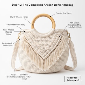 May include: Cream-coloured artisan boho handbag with a structured round body and a sturdy wooden handle. Features hand-knotted macramé fringe and a non-stretch crossbody strap with a swivel hook. The bag has a visible crochet texture and the text "Ready for Adventure!"