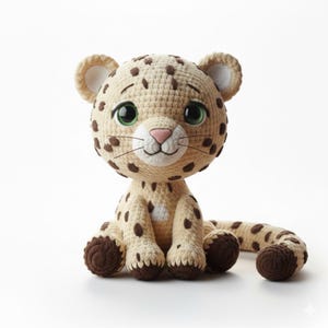 Könnte beinhalten: Gehäkeltes Leopard-Plüschtier mit beigem Körper, braunen Flecken und einer rosa Nase. Das Spielzeug hat große grüne Augen, beige Ohren und einen langen Schwanz. Der Leopard sitzt auf einer weißen Oberfläche.