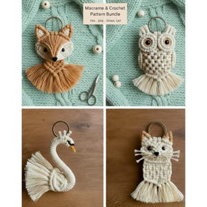 May include: A selection of handmade macrame and crochet keyrings featuring a fox, owl, swan, and cat. The fox is brown and white, the owl is beige, the swan is white, and the cat is beige. The keyrings are displayed on a wooden surface and a light green knitted background.