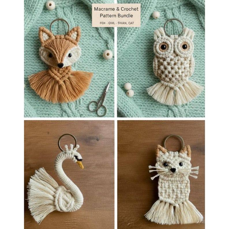 Animal Macrame and Crochet Keychain Pattern Bundle - DIY Fox, Owl, Swan ...