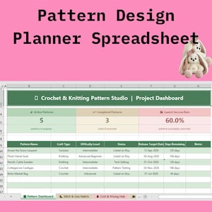 Könnte beinhalten: Eine Tabelle mit dem Titel "Pattern Design Planner Spreadsheet" auf rosa Hintergrund. Die Tabelle zeigt ein Projekt-Dashboard für ein Häkel- und Strickmusterstudio mit aktiven und abgeschlossenen Mustern sowie eine Start-Erfolgsrate. Ein Plüsch-Hasen-Spielzeug befindet sich oben rechts.
