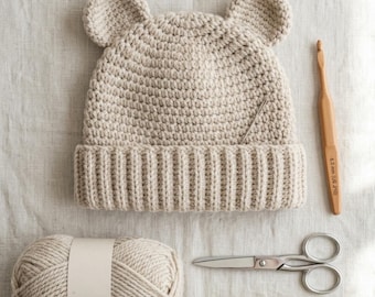 Haakpatroon voor een babybeermutsje | Van pasgeboren tot peuter | Minimalistisch havermoutkleurig babymutsje | Genderneutraal haakcadeau | Direct te downloaden als PDF