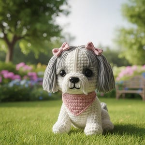 Könnte beinhalten: Ein gehäkelter Shih Tzu-Hund mit grau-weißem Fell, der ein rosa Bandana und zwei rosa Schleifen trägt. Der Hund sitzt auf grünem Gras in einem Garten mit Blumen und Bäumen im Hintergrund.