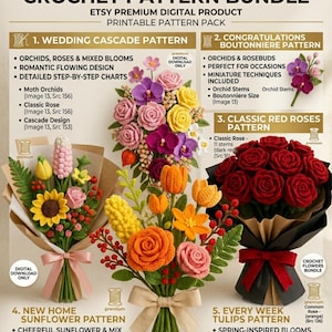 May include: A digital product advertisement for an Ultimate 5-Bouquet Crochet Pattern Bundle. The image displays five distinct crochet flower arrangements, including a wedding cascade, a boutonniere, red roses, sunflowers, and tulips.