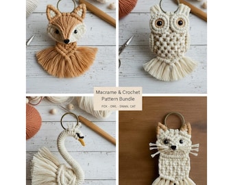 Kit di portachiavi con motivi animali in macramè e uncinetto - Tutorial fai da te per portachiavi con volpe, gufo, cigno e gatto - Modello PDF passo dopo passo