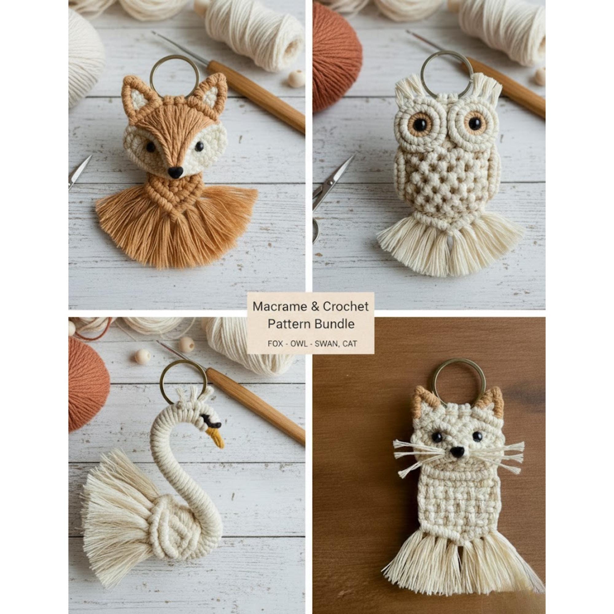 Animal Macrame and Crochet Keychain Pattern Bundle - DIY Fox, Owl, Swan, and Cat Keychain Tutorial -
