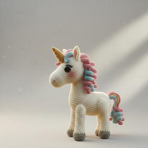 Könnte beinhalten: Ein gehäkeltes Einhorn-Spielzeug mit weißem Körper, grauen Hufen und einem goldenen Horn. Das Einhorn hat eine rosa und blaue Mähne und einen Schweif. Das Spielzeug steht auf einer hellgrauen Oberfläche.