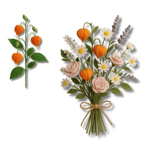May include: A crocheted bouquet with orange Chinese lantern flowers, pink roses, white daisies, and lavender. The bouquet is tied with twine and green stems. A separate stem of Chinese lantern flowers is also shown.