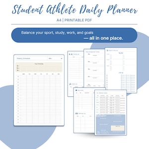 May include: A digital A4 printable planner for student athletes. The design is in blue and white, with pages for weekly schedules, training logs, and goal setting. The text reads "Balance your sport, study, work, and goals - all in one place."