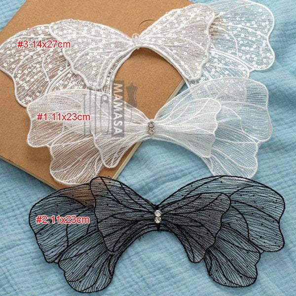 3pcs 11-27cm wide black/white bow sequins mesh fabric dress skirt shirt material garments accessories lace appliques patches T31P126P230421T