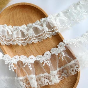 3-5 Meter 3-5,5 cm breit Elfenbein Perlen Bogen Mesh Rüsche Falte Einfassung Kleid Rock Spitzenbesatz Band Kleidung Accessoires Material T21P20C250201V