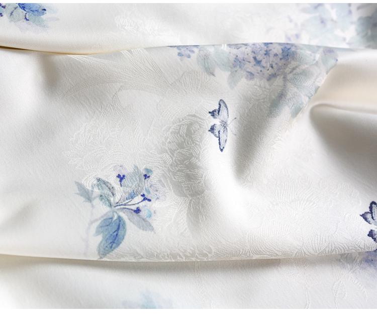 Ivory Blue Embroidered Flower Jacquard Printing Plain Fabric DIY