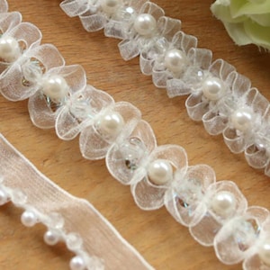 2メートル 1-1.4 cm幅 アイボリー パールクリスタル糸 レーストリムリボン DIY シャツ ドレス スカート 袖 縁取り 素材 アクセサリー T21P62C250220V