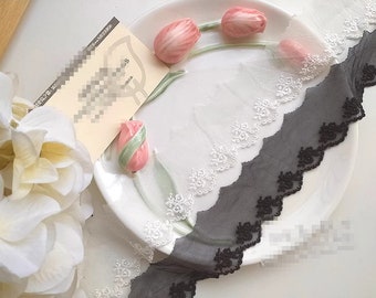 10 yards 5cm 1.96" wide black/ivory scallop rose gauze Embroidery child doll skirt wedding dress shirt edge lace trim ribbon C19U102K231014V