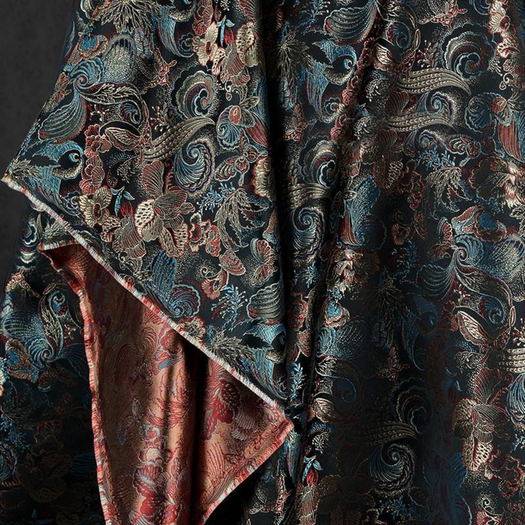 花と蝶 1.5 Meters Wide Colorful Black Butterfly Flower Woven Brocade