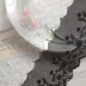9 cm 3,54" breite schwarz/ivory Kaninchen Gaze Stickerei Kinder Puppenrock Hochzeit Kleid Einfassung Spitzenband C19U125T231014V