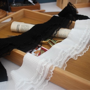 5 Meter 7 cm 2,75" breit Elfenbein/schwarz Chiffon Rüschen Spitzenband elastisch DIY Kragen Ärmel Rock Kleid Kanten Zubehör T27X3T250416H