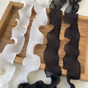5 Meter 6-9 cm breit schwarz/ivory Chiffon Rüsche Falte Faltenkind Rock Kleid Hemd Vorhang Tischkante Spitzenband V24X830T240604V