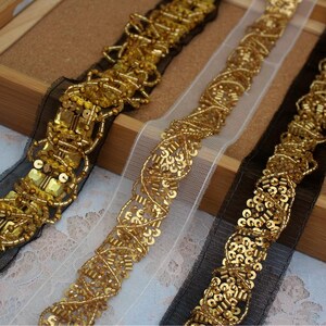 1 metro 4-4,3 cm de largura marfim/ouro preto feito à mão contas de unha malha renda guarnição fita gola mangas saia vestido de noiva acessórios T27X8T250501H