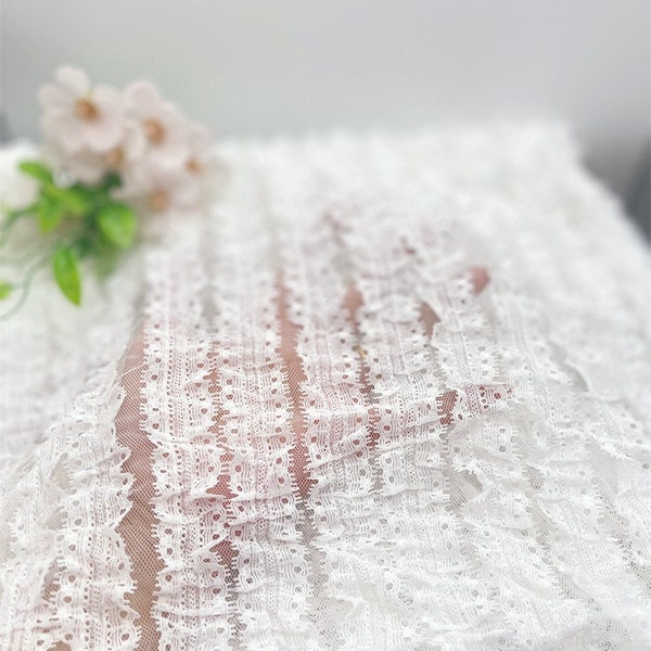 2x1.5 meters wide white ruffled pleated lingerie fabric clothing garments diy skirt shirt material dress lace trim ribbon V24X614P230331V