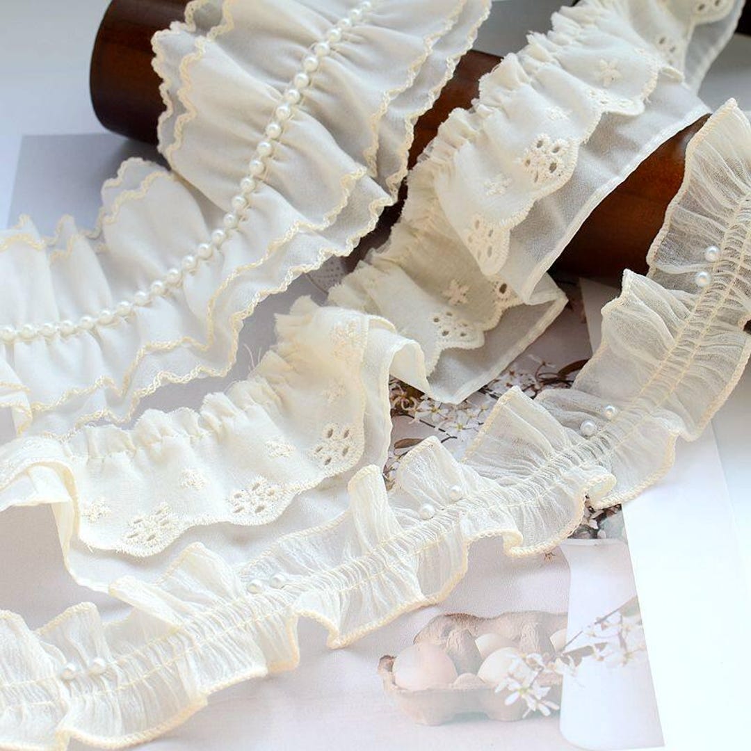 5 Meters 3.7-8cm Wide Beige Beads Pleat Ruffled Lace Trim Accessories ...