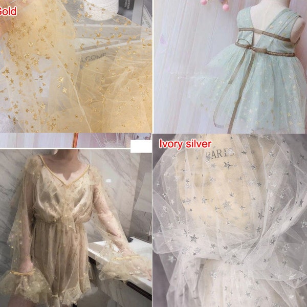 2 meters long 1.5meters wide ivory/gold shinny star gauze veil garments DIY child dress skirt fabric cloth material lace trim T37F8V230208Y