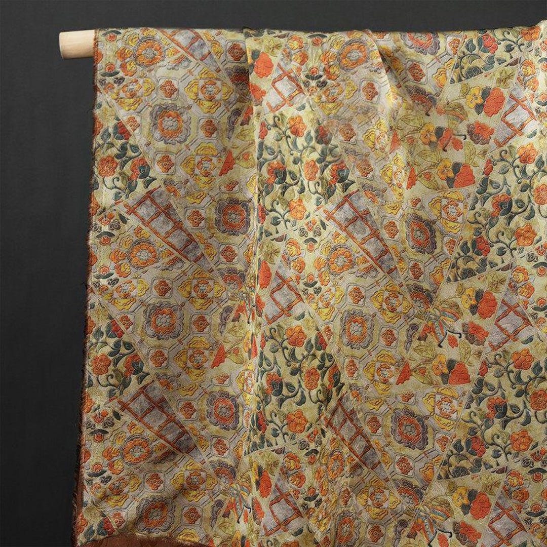 Vintage Yellow Geometric Flower Jacquard Silk Fabric Smooth