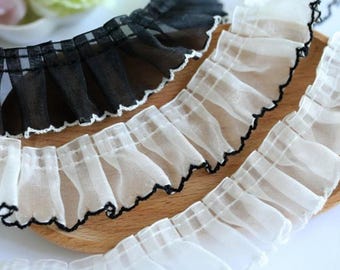 5 meterS 4cm 1.57" wide black/ivory mesh elastic ruffle pleat DIY edging dress skirt shirt lace trim accessories material T21P23C250202V