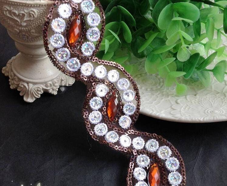 5 yard 4,7 cm 1,85" large café pierres sequins broderie tresse bandes dentelle ruban T33C343O0814C navire gratuit 5 yard 4,7 cm 1,85