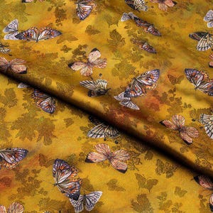 Yellow golden butterflies flying jacquard fabric smooth silky draped skirt dress shirt pants vest clothing design material V11T285P260310C S