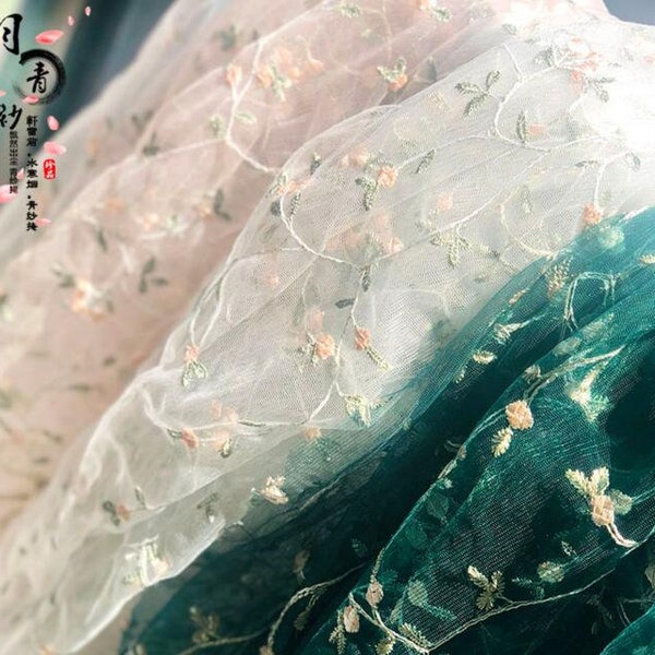 1meter long 1.5meter wide ivory/pink/green floral gauze veil DIY child dress skirt fabric cloth material embroidery lace trim T37F11V230209Y