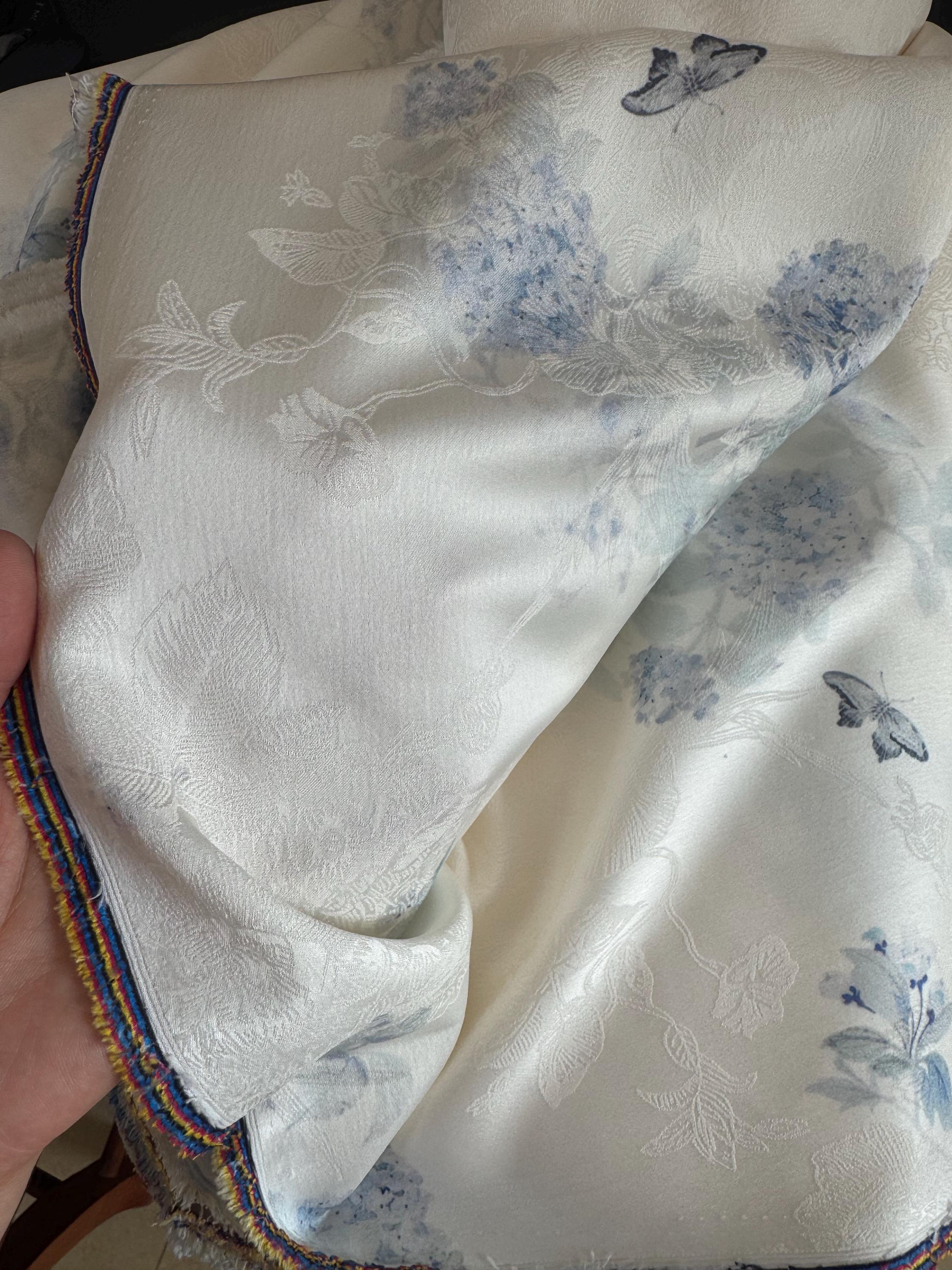 Ivory Blue Embroidered Flower Jacquard Printing Plain Fabric DIY