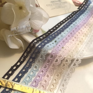 10 yardas 1 cm 0,39" de ancho, cinta de encaje para ribete de vestido, de algodón, color negro/marfil/beige/azul marino/rosa/violeta/azul C19U41K231010V
