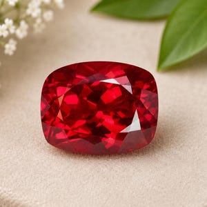May include: A vibrant, deep red gemstone with a cushion cut and multifaceted surface that reflects light. The stone displays a rich, saturated crimson hue with sharp, geometric facets across its top, creating a brilliant, sparkling appearance.