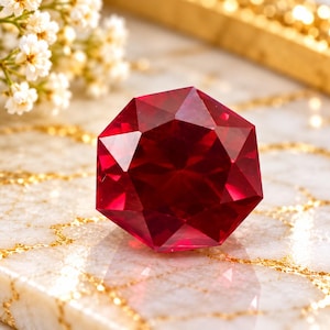 May include: A faceted, deep red gemstone with a brilliant cut, displaying sharp geometric angles and internal light reflections. The stone is positioned on a white marble surface with gold veining, near small white flowers.