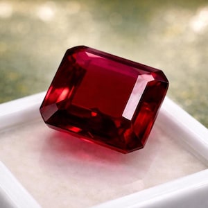 Könnte beinhalten: Ein facettierter, rechteckig geschliffener, tiefroter Edelstein. Der Edelstein befindet sich in einer weißen Schale, mit einem verschwommenen grün-weißen Hintergrund. Die Facetten reflektieren das Licht.